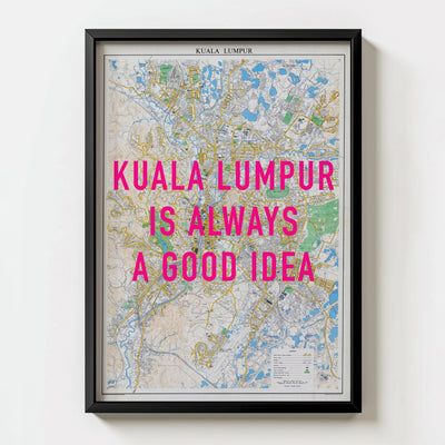 Kuala Lumpur Retro Pop Art Map Print (portrait) - black frame mockup - Magic Posters