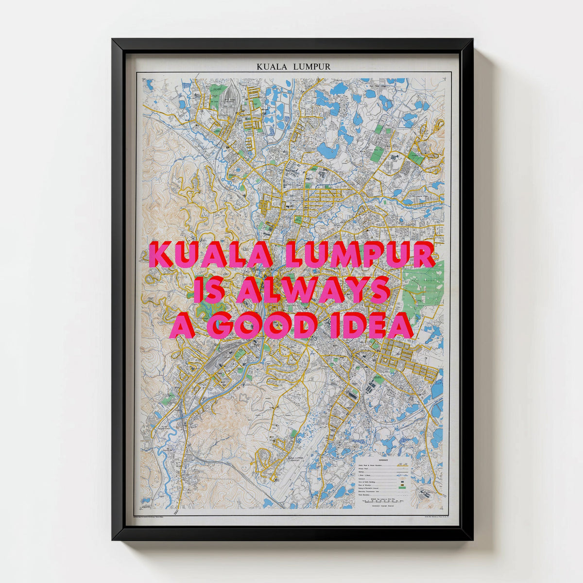 Kuala Lumpur Retro Pop Art Map Print (portrait) - black frame mockup - Magic Posters