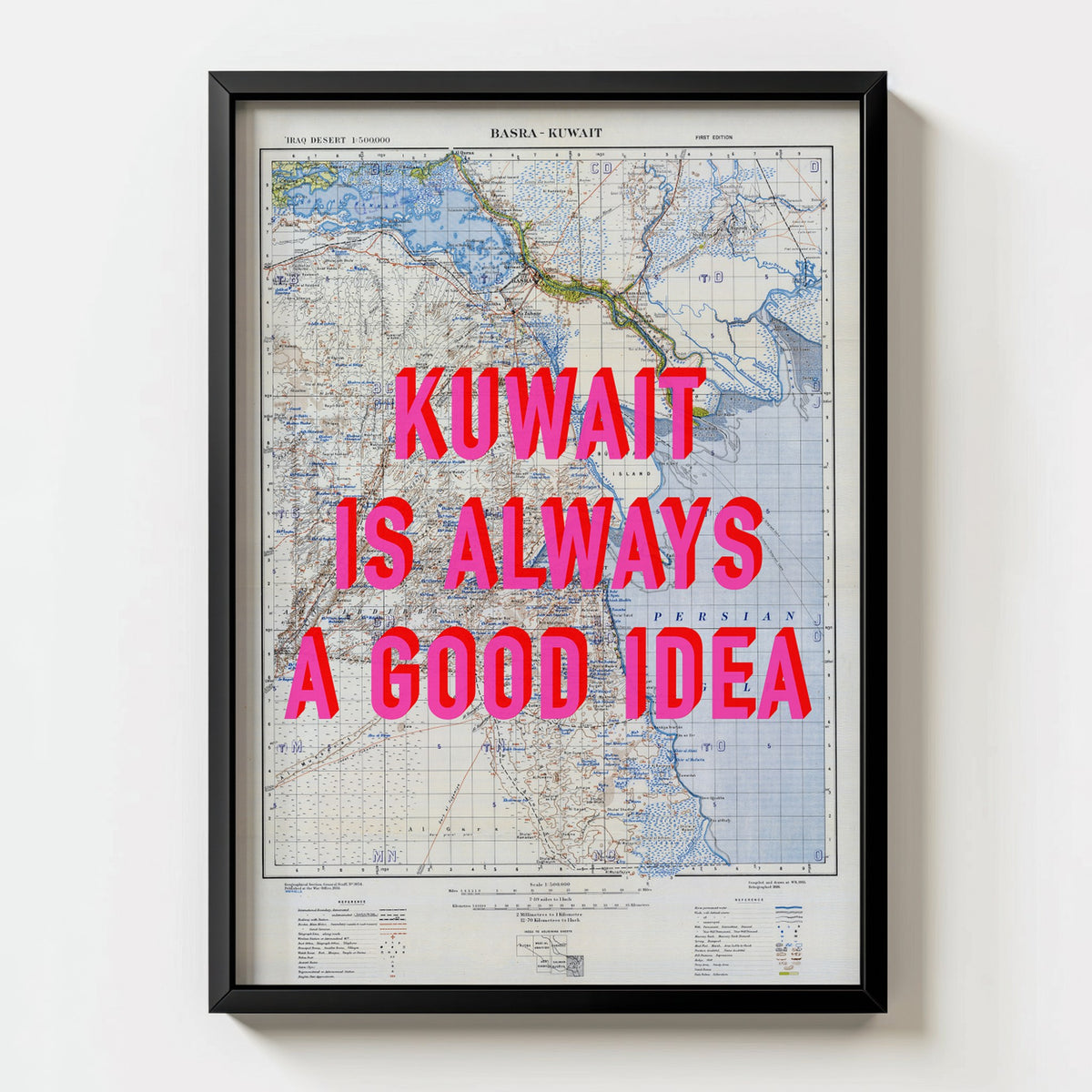 Kuwait Retro Pop Art Map Print (portrait) - black frame mockup - Magic Posters Bold