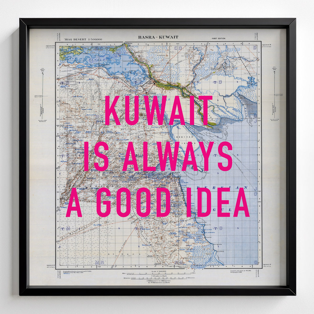 Kuwait Retro Pop Art Map Print (square) - black frame mockup - Magic Posters