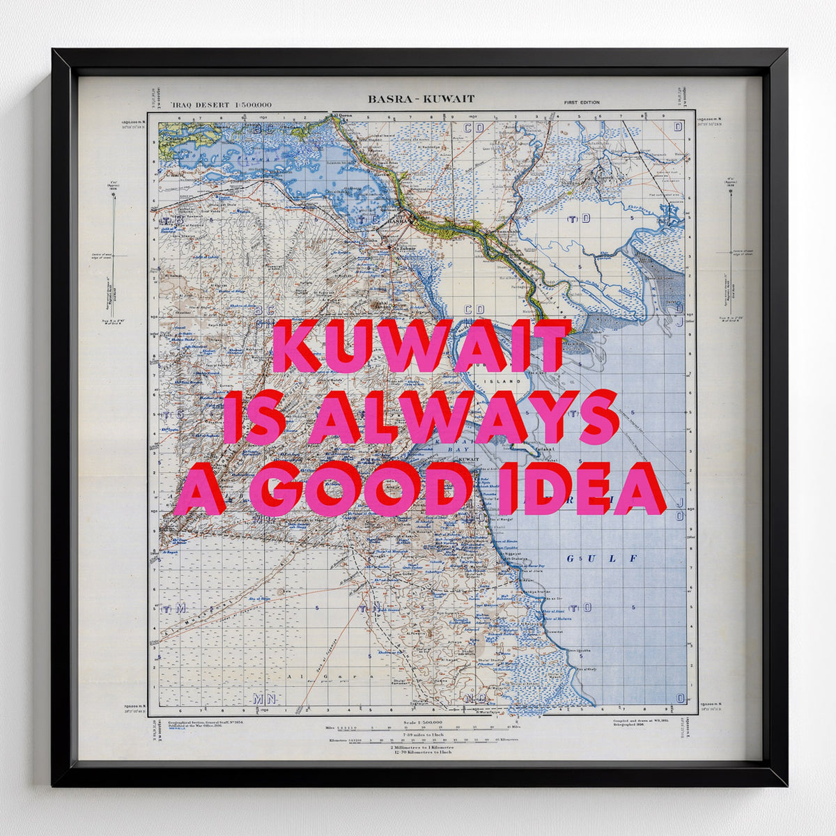 Kuwait Retro Pop Art Map Print (square) - black frame mockup - Magic Posters