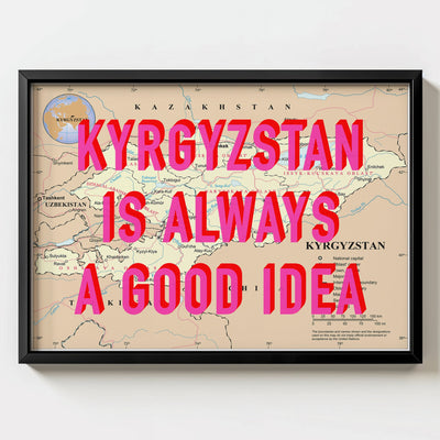 Kyrgyzstan Retro Pop Art Map Print (landscape) - black frame mockup - Magic Posters Bold