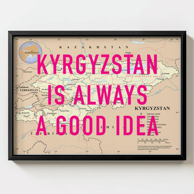 Kyrgyzstan Retro Pop Art Map Print (landscape) - black frame mockup - Magic Posters