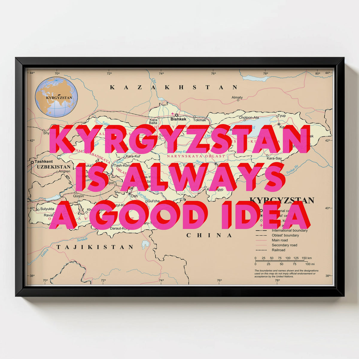 Kyrgyzstan Retro Pop Art Map Print (landscape) - black frame mockup - Magic Posters
