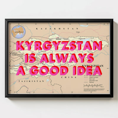 Kyrgyzstan Retro Pop Art Map Print (landscape) - black frame mockup - Magic Posters