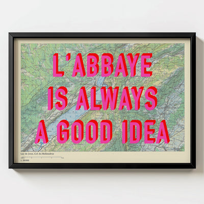 L'Abbaye Retro Pop Art Map Print (landscape) - black frame mockup - Magic Posters Bold