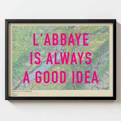 L'Abbaye Retro Pop Art Map Print (landscape) - black frame mockup - Magic Posters