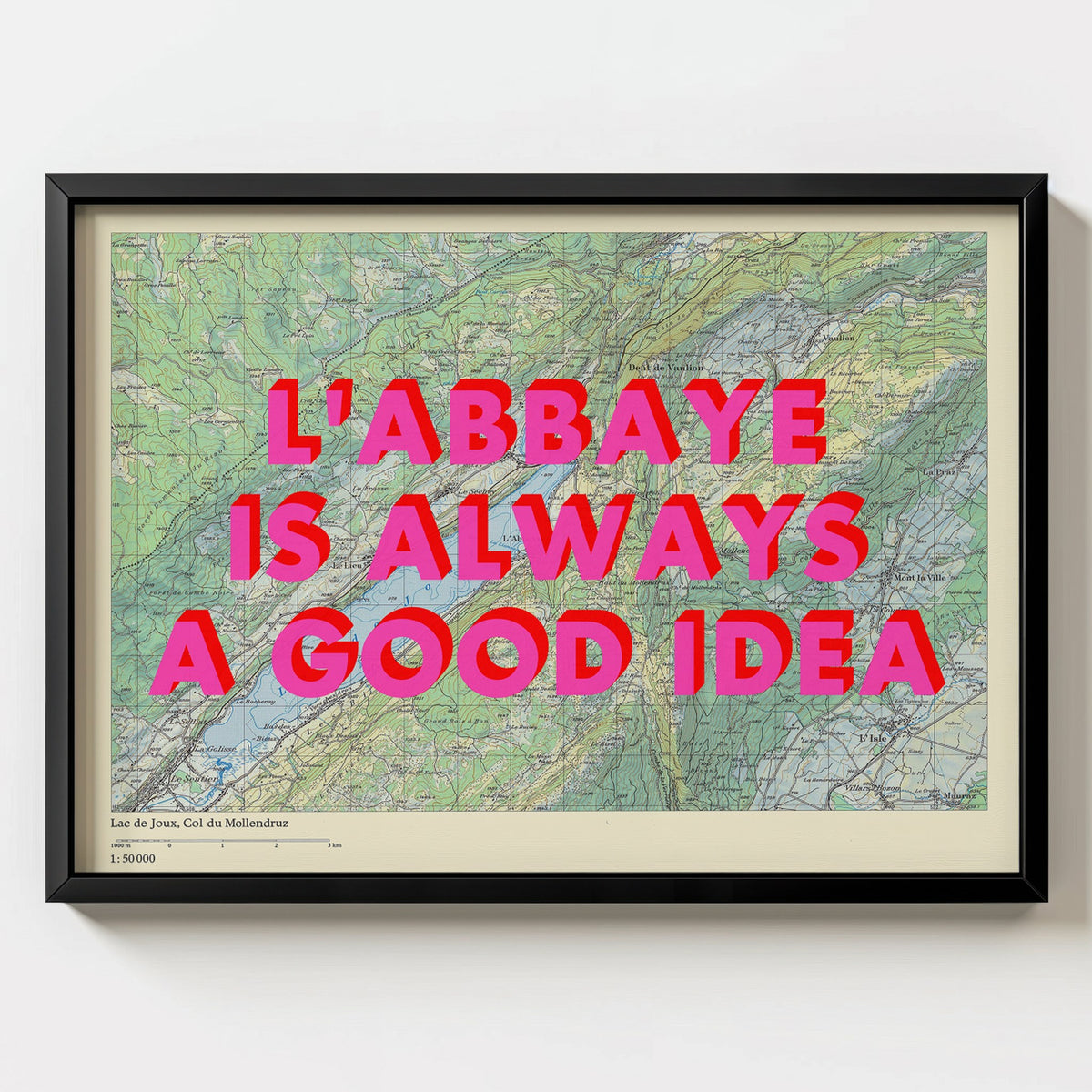 L'Abbaye Retro Pop Art Map Print (landscape) - black frame mockup - Magic Posters