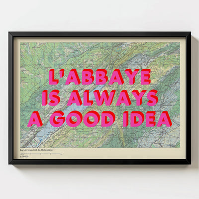 L'Abbaye Retro Pop Art Map Print (landscape) - black frame mockup - Magic Posters