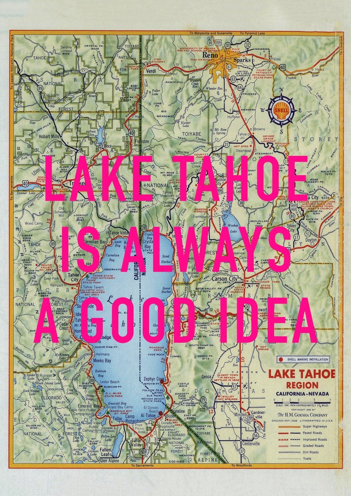 Lake Tahoe Retro Pop Art Map Print (portrait)