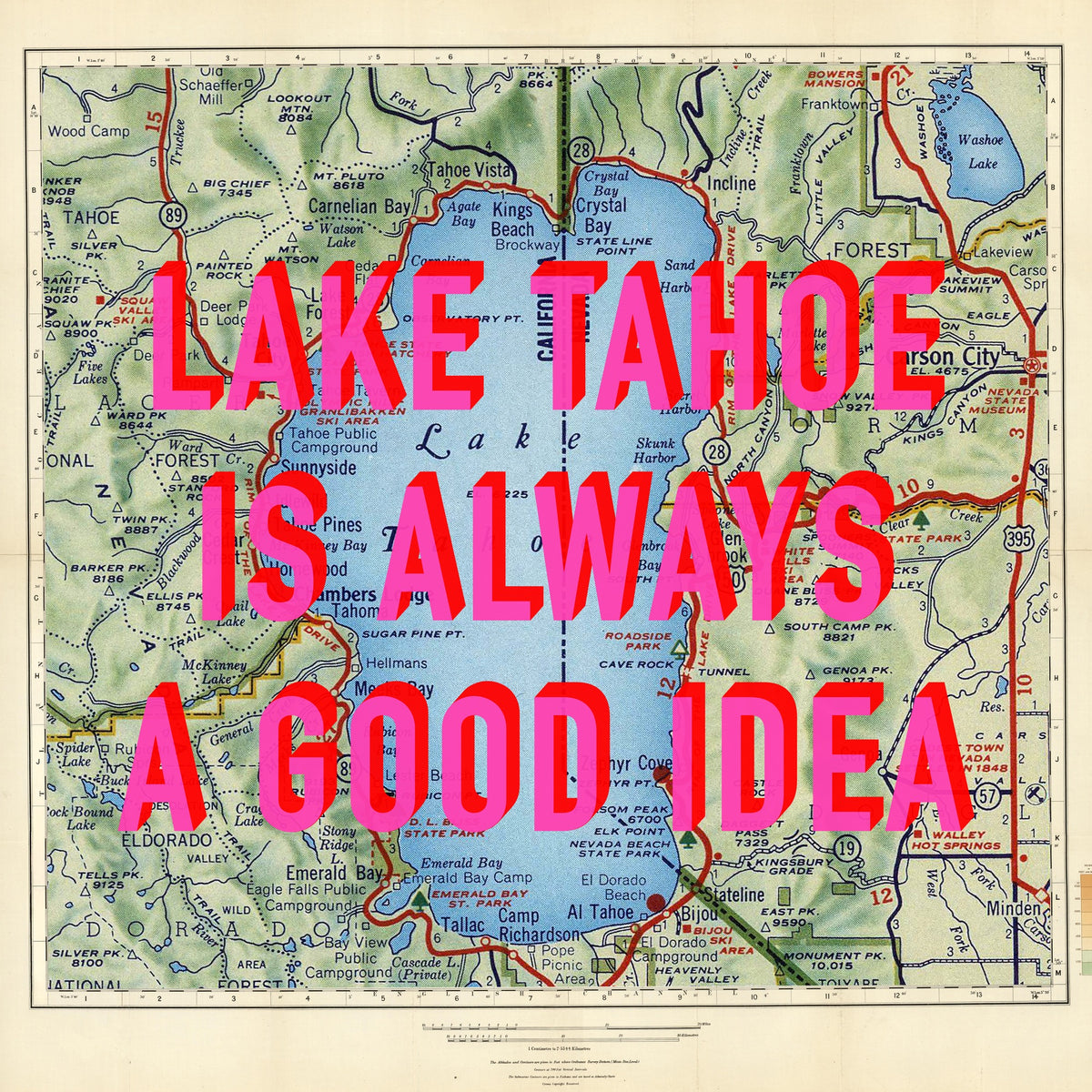 Lake Tahoe Retro Pop Art Map Print (square)