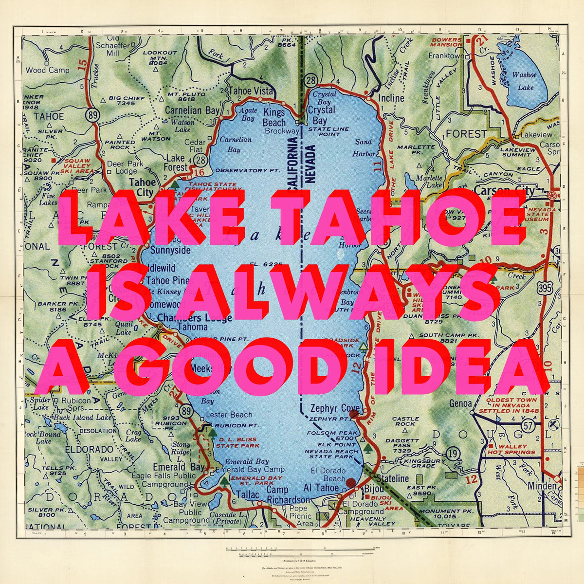 Lake Tahoe Retro Pop Art Map Print (square)