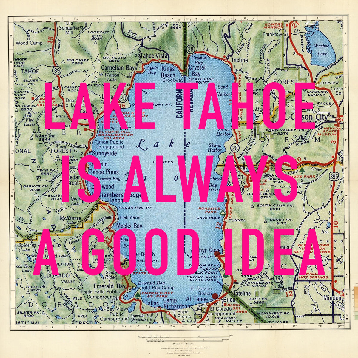 Lake Tahoe Retro Pop Art Map Print (square)
