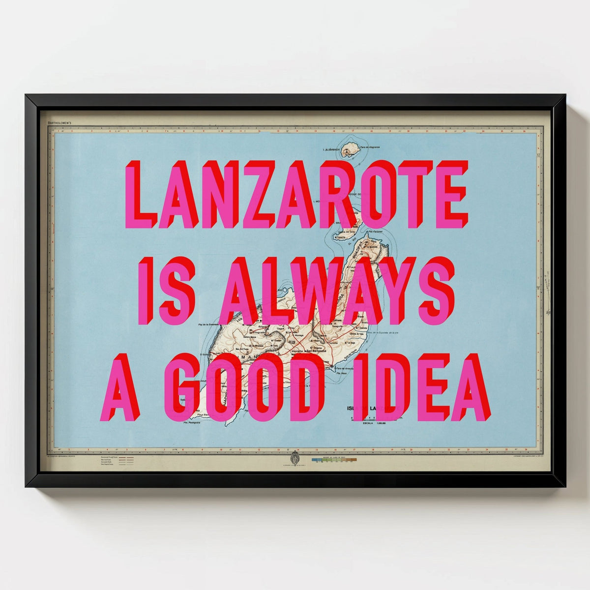 Lanzarote Retro Pop Art Map Print (Landscape) - black frame mockup - Magic Posters