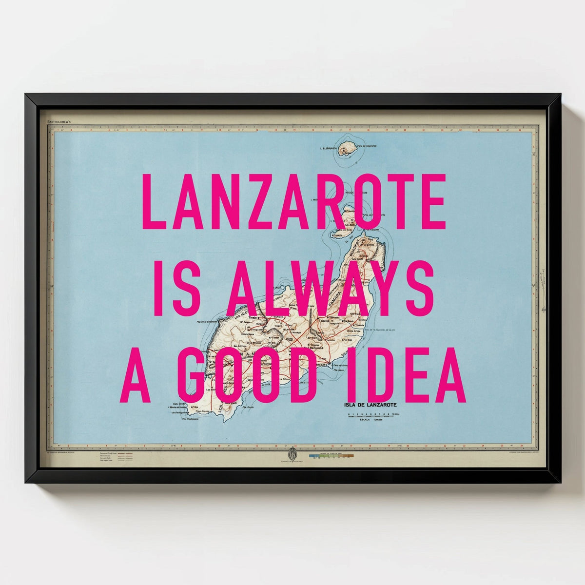 Lanzarote Retro Pop Art Map Print (Landscape) - black frame mockup - Magic Posters
