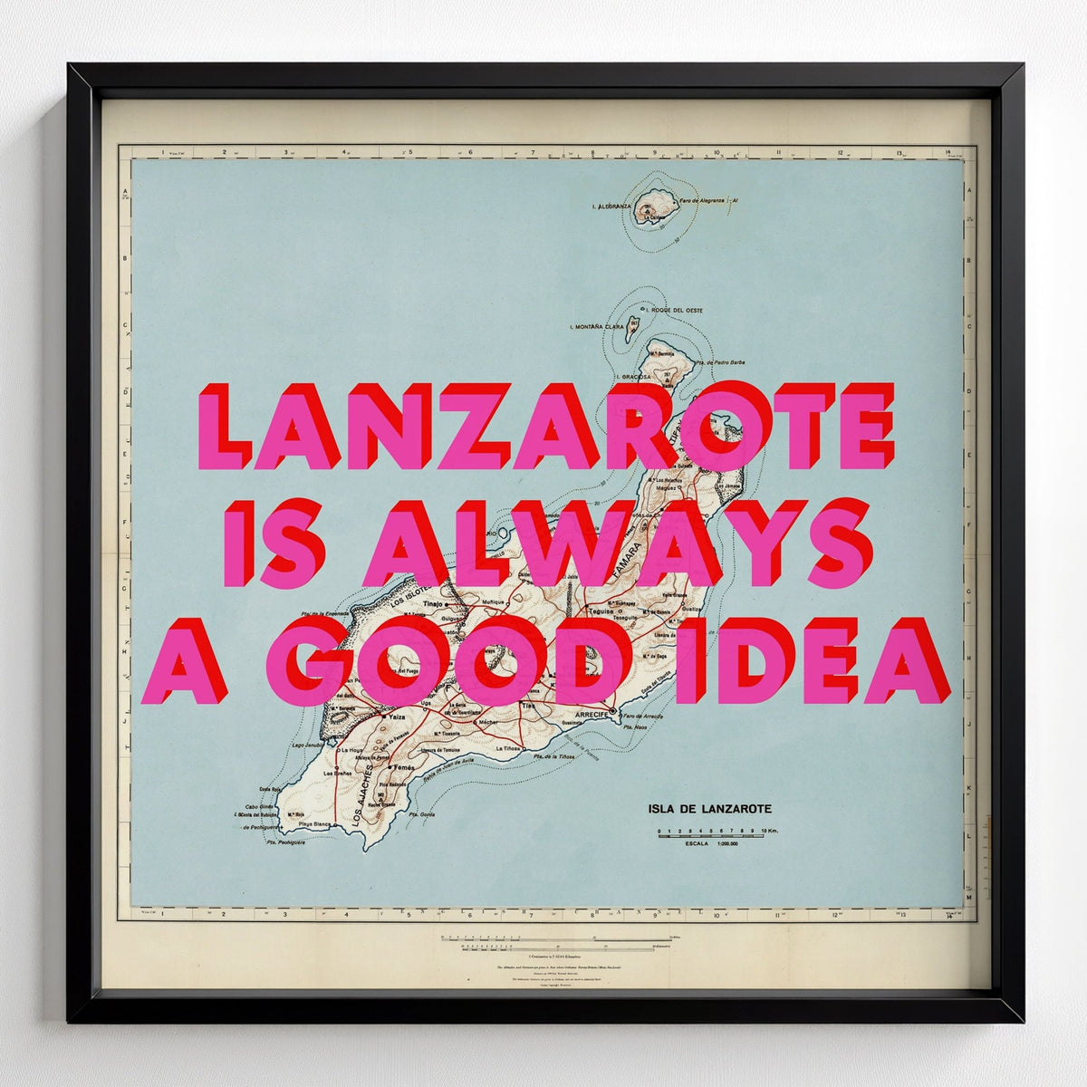 Lanzarote Retro Pop Art Map Print (Square) - black frame mockup - Magic Posters