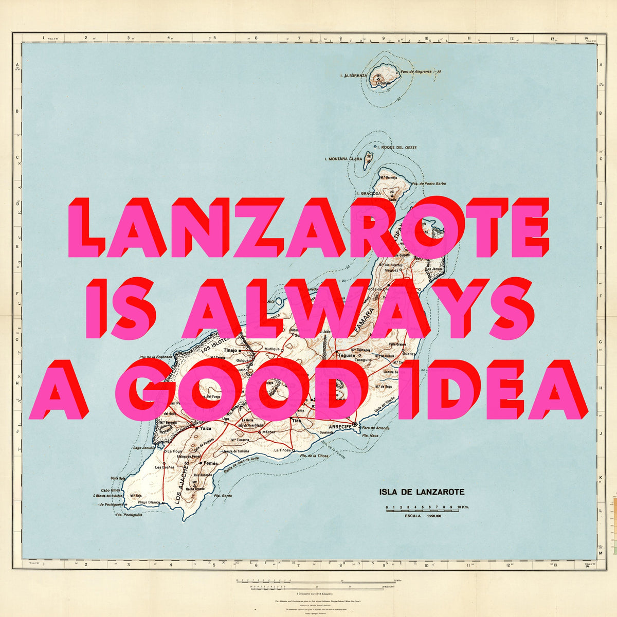 Lanzarote Retro Pop Art Map Print (Square)