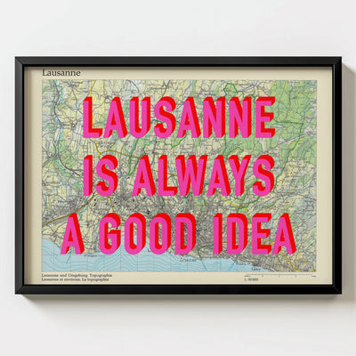 Lausanne Retro Pop Art Map Print (landscape) - black frame mockup - Magic Posters Bold