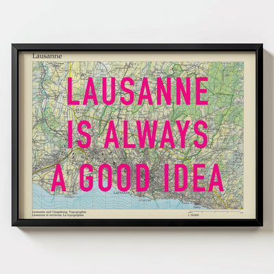 Lausanne Retro Pop Art Map Print (landscape) - black frame mockup - Magic Posters