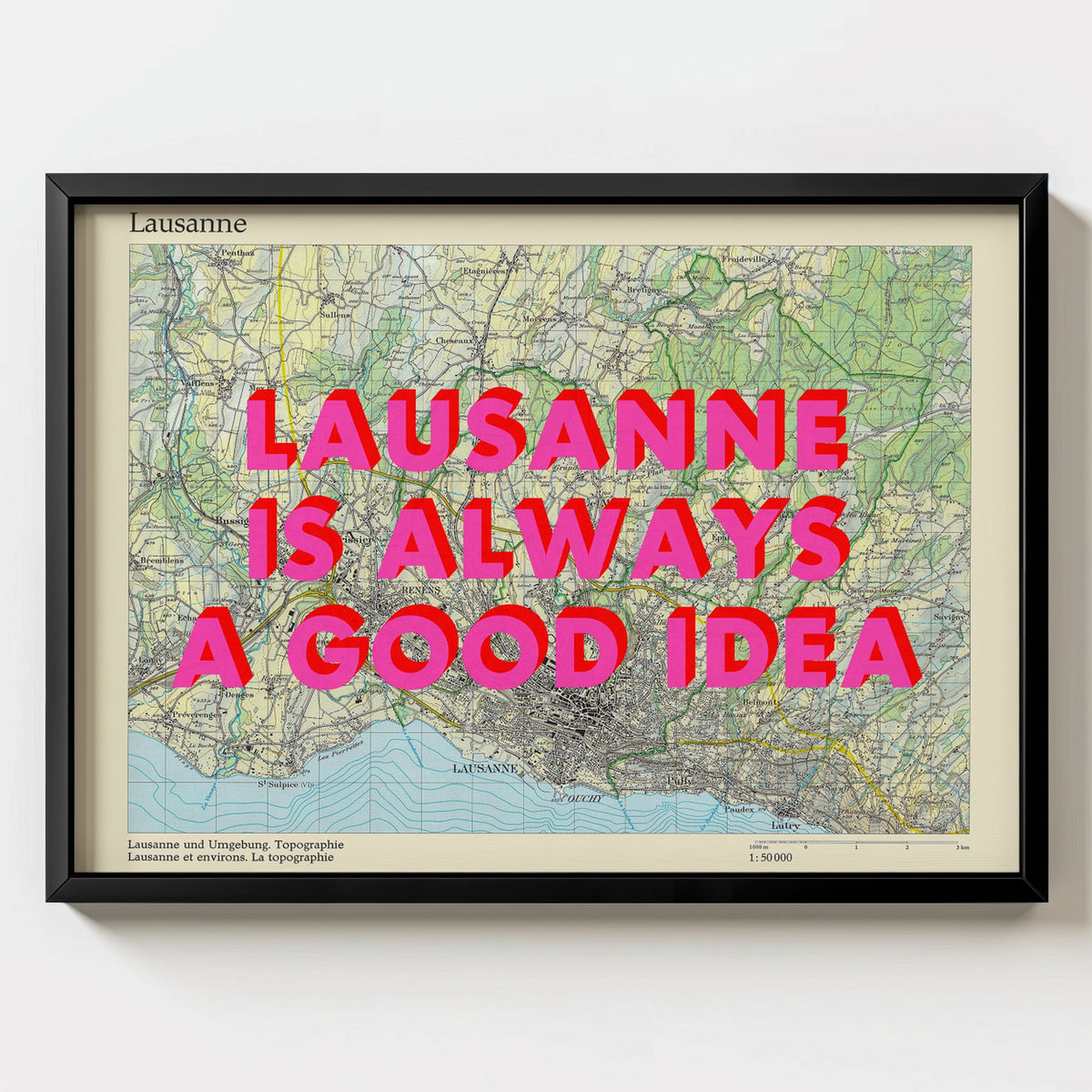 Lausanne Retro Pop Art Map Print (landscape) - black frame mockup - Magic Posters