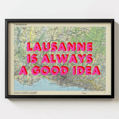 Lausanne Retro Pop Art Map Print (landscape) - black frame mockup - Magic Posters