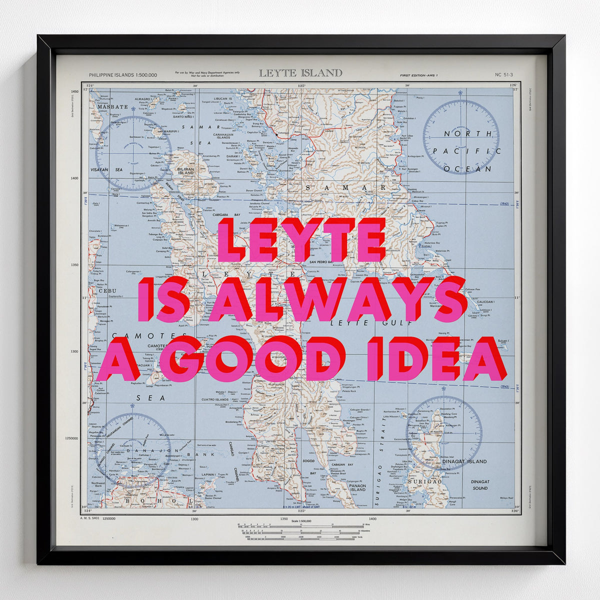Leyte Island Retro Pop Art Map Print (square) - black frame mockup - Magic Posters
