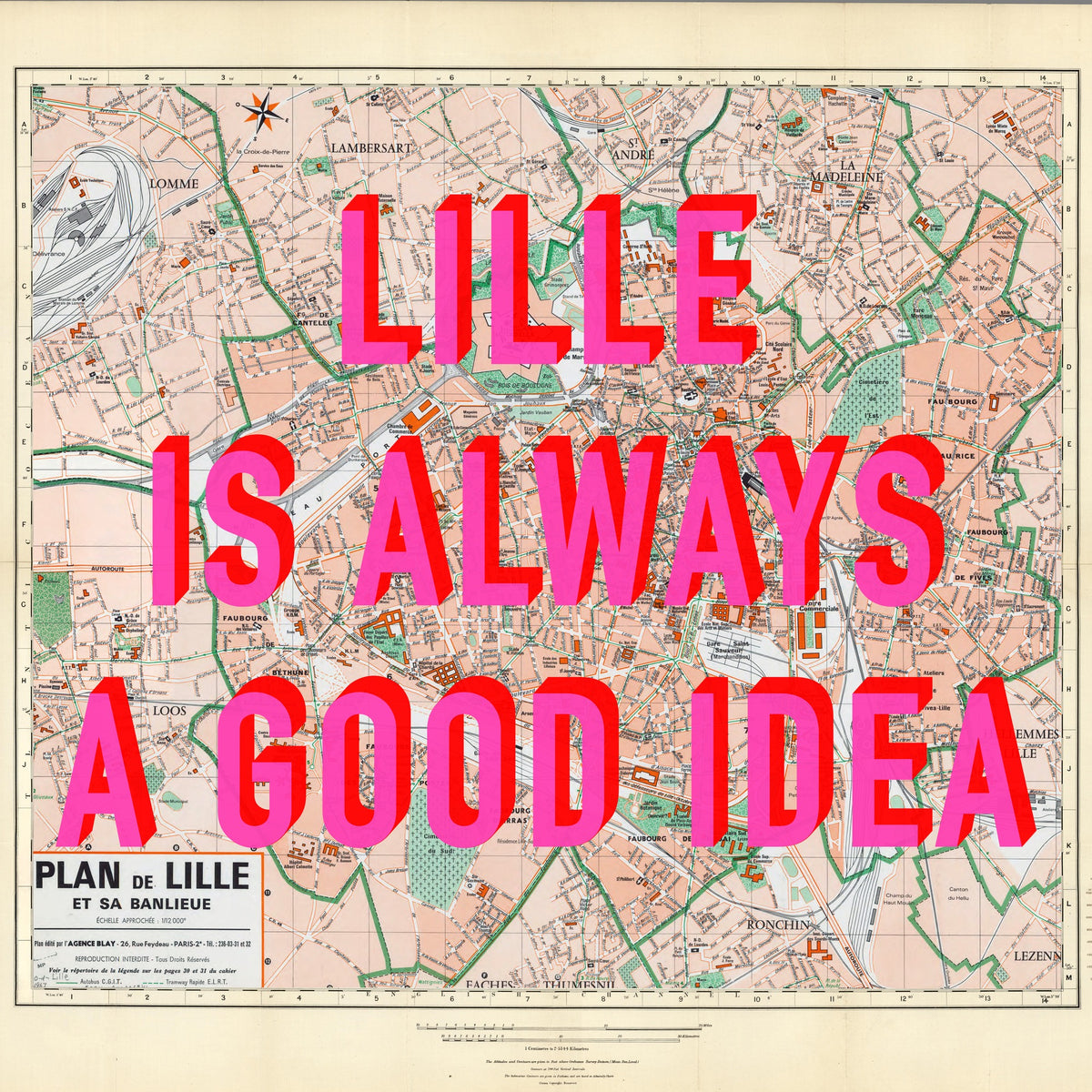 Lille Retro Pop Art Map Print (square)