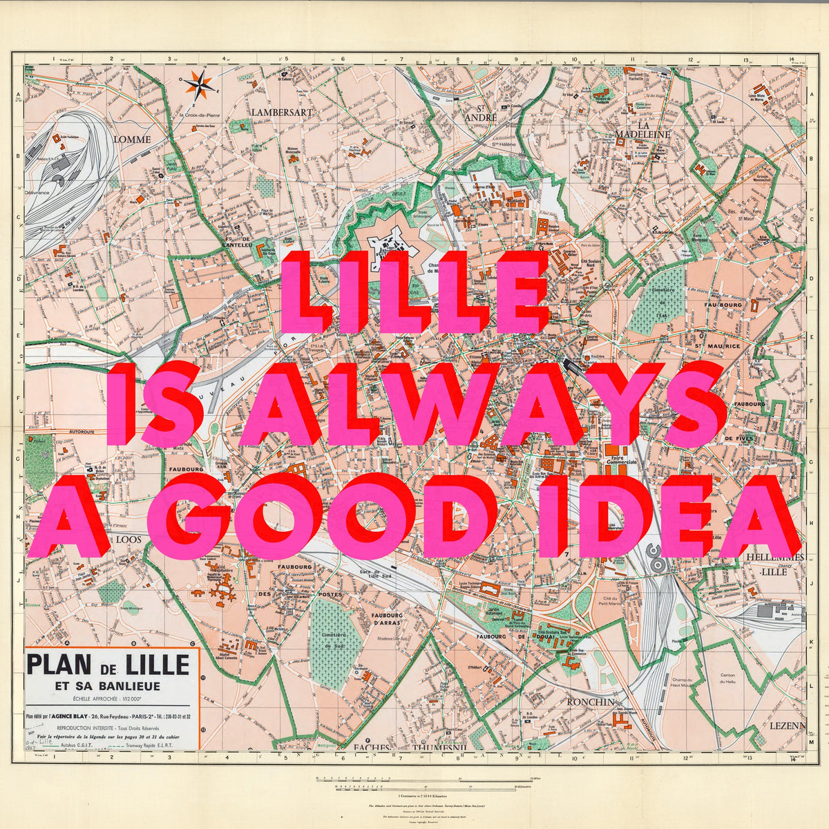 Lille Retro Pop Art Map Print (square)
