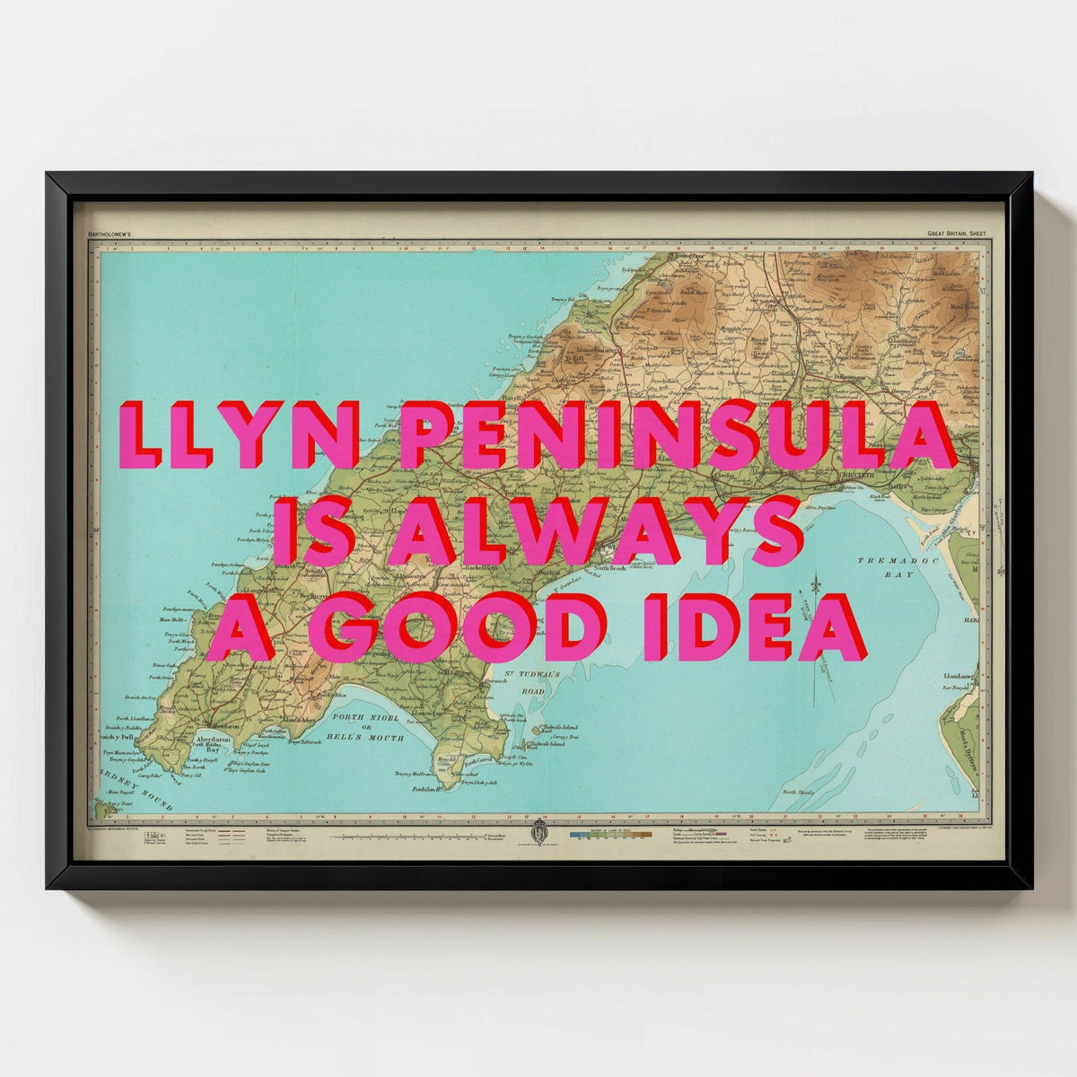 Llyn Peninsula Retro Pop Art Map Print - black frame mockup - Magic Posters