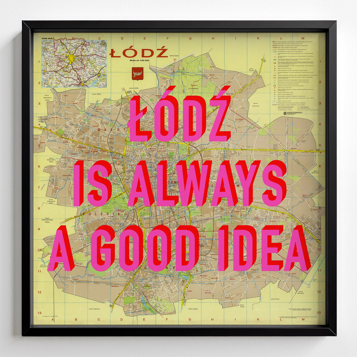 Łódź Retro Pop Art Map Print (square) - black frame mockup - Magic Posters Bold