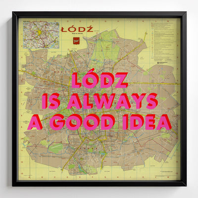 Łódź Retro Pop Art Map Print (square) - black frame mockup - Magic Posters
