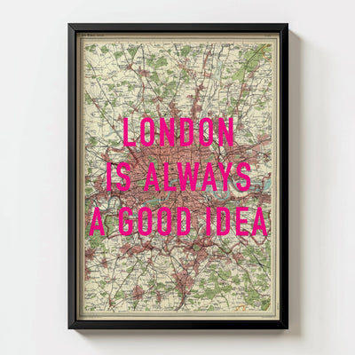 London Retro Pop Art Map Print - black frame mockup - Magic Posters