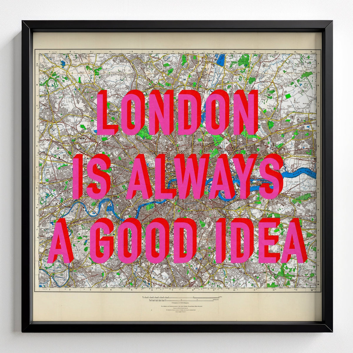 London Retro Pop Art Map Print (square v2) - black frame mockup - Magic Posters
