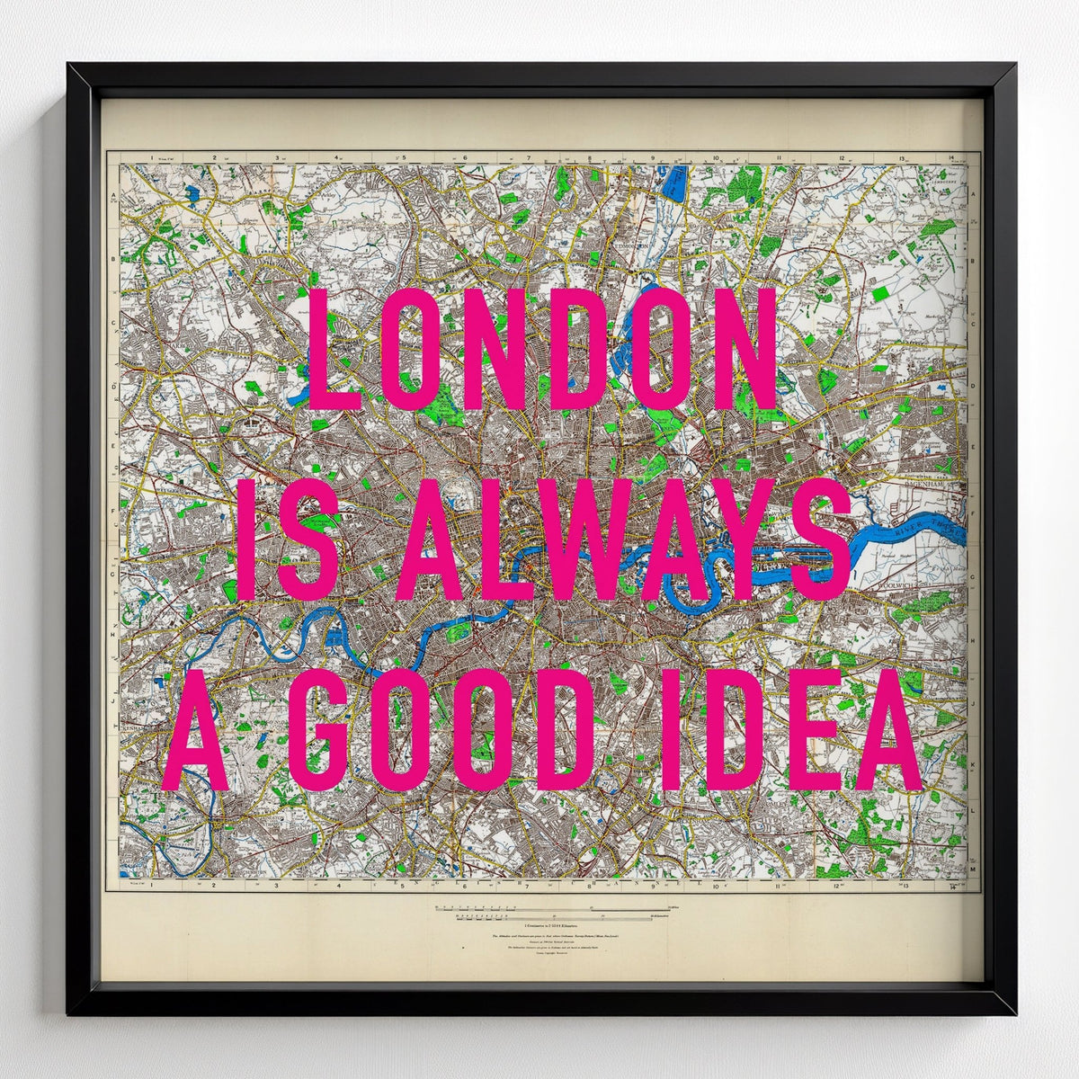 London Retro Pop Art Map Print (square v2) - black frame mockup - Magic Posters