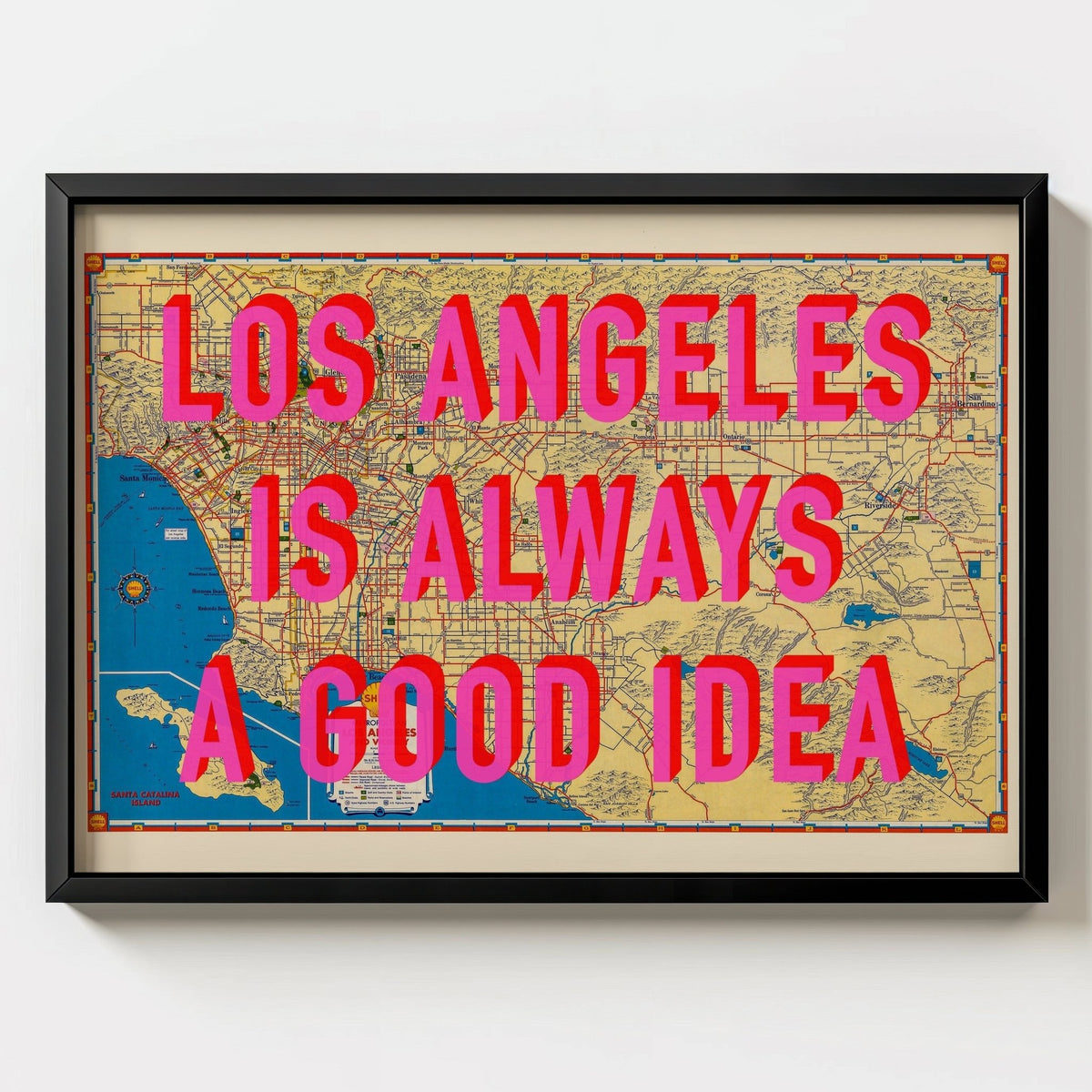 Los Angeles California Retro Pop Art Map Print (landscape) - black frame mockup - Magic Posters