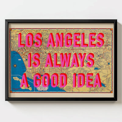Los Angeles California Retro Pop Art Map Print (landscape) - black frame mockup - Magic Posters