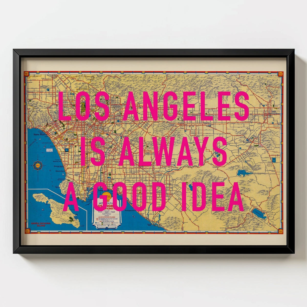 Los Angeles California Retro Pop Art Map Print (landscape) - black frame mockup - Magic Posters