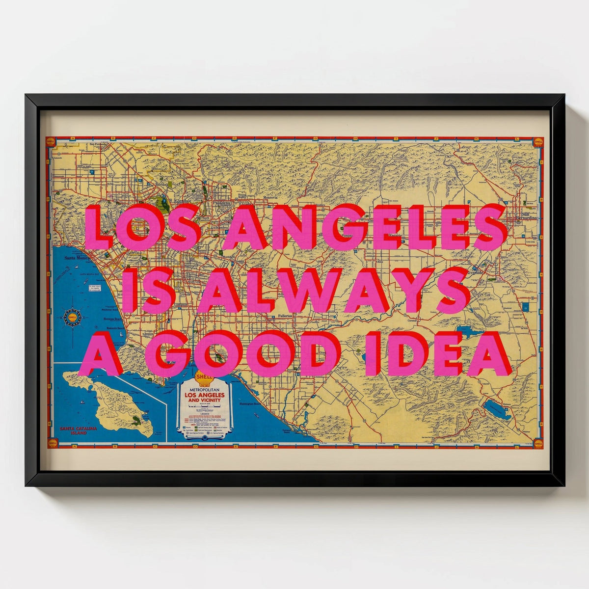 Los Angeles California Retro Pop Art Map Print (landscape) - black frame mockup - Magic Posters