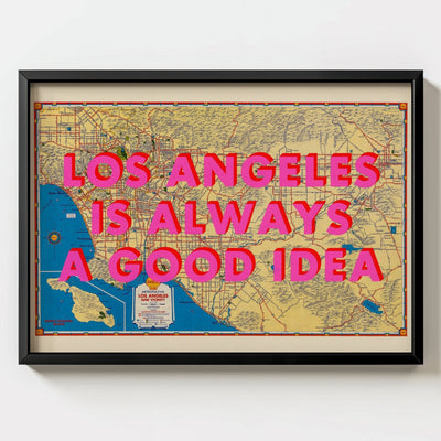 Los Angeles California Retro Pop Art Map Print (landscape) - black frame mockup - Magic Posters