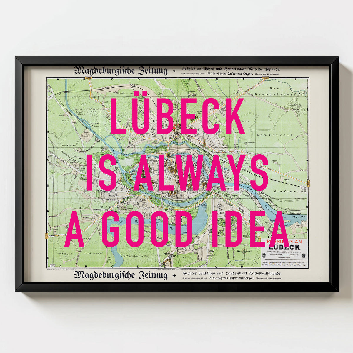 Lübeck Retro Pop Art Map Print (landscape) - black frame mockup - Magic Posters