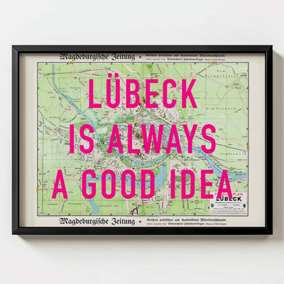 Lübeck Retro Pop Art Map Print (landscape) - black frame mockup - Magic Posters