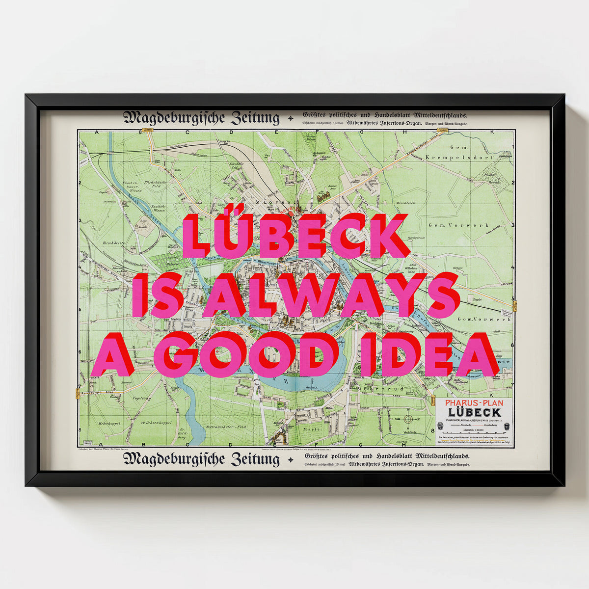 Lübeck Retro Pop Art Map Print (landscape) - black frame mockup - Magic Posters