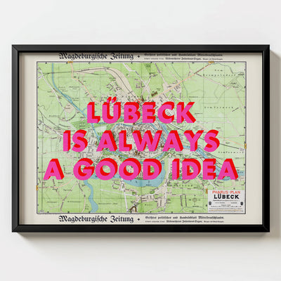 Lübeck Retro Pop Art Map Print (landscape) - black frame mockup - Magic Posters