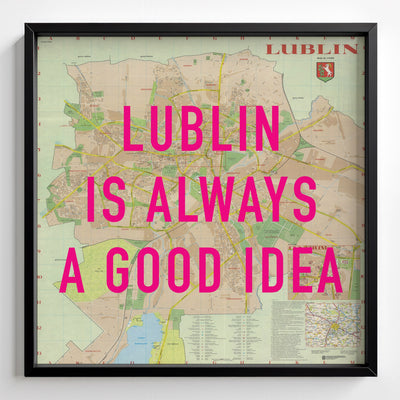 Lublin Retro Pop Art Map Print (square) - black frame mockup - Magic Posters
