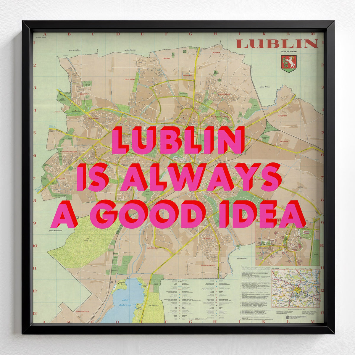 Lublin Retro Pop Art Map Print (square) - black frame mockup - Magic Posters