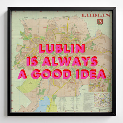 Lublin Retro Pop Art Map Print (square) - black frame mockup - Magic Posters