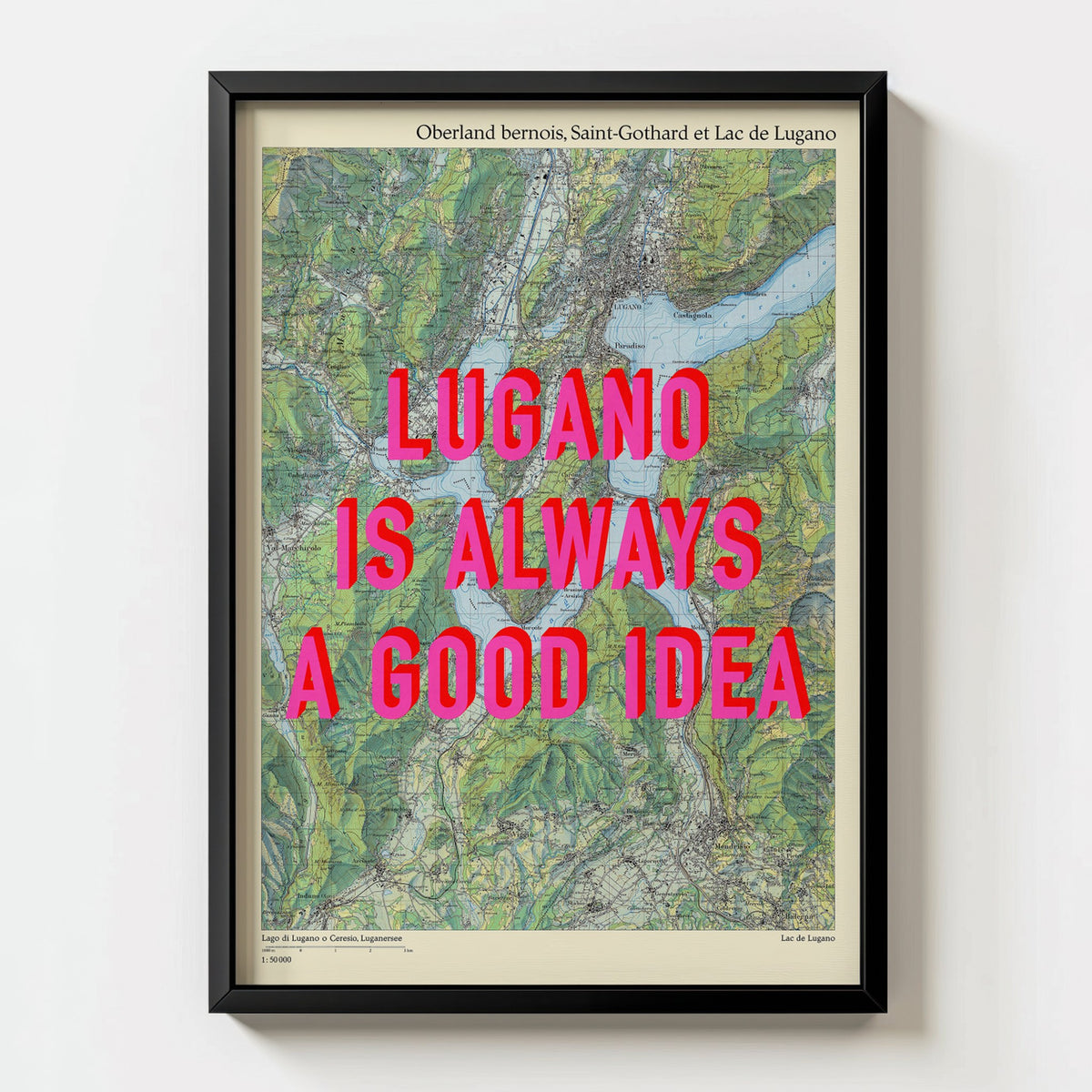 Lugano Retro Pop Art Map Print (portrait) - black frame mockup - Magic Posters Bold