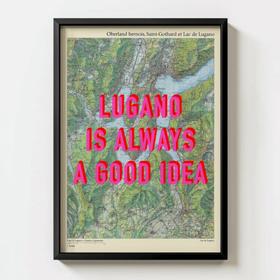 Lugano Retro Pop Art Map Print (portrait) - black frame mockup - Magic Posters Bold