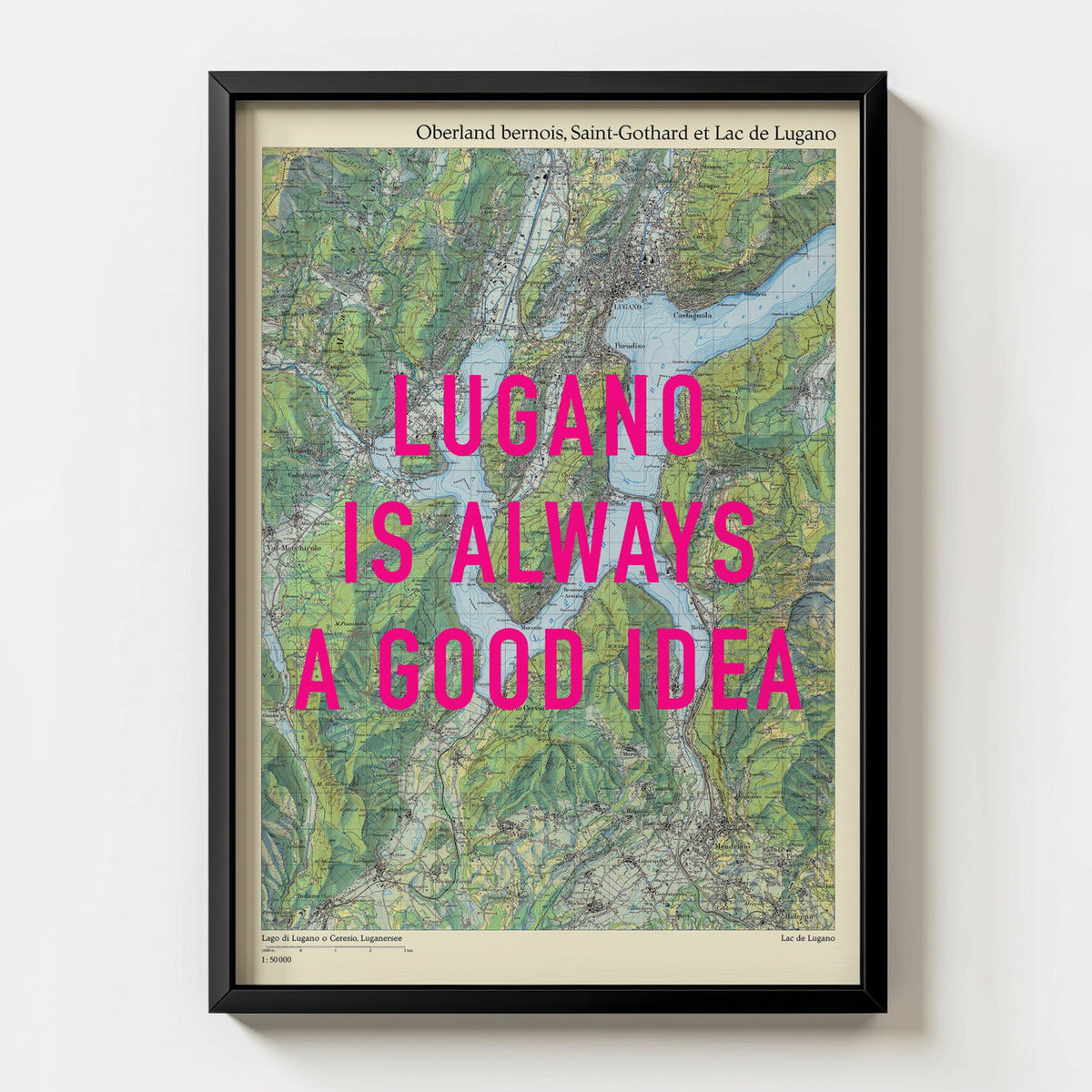 Lugano Retro Pop Art Map Print (portrait) - black frame mockup - Magic Posters