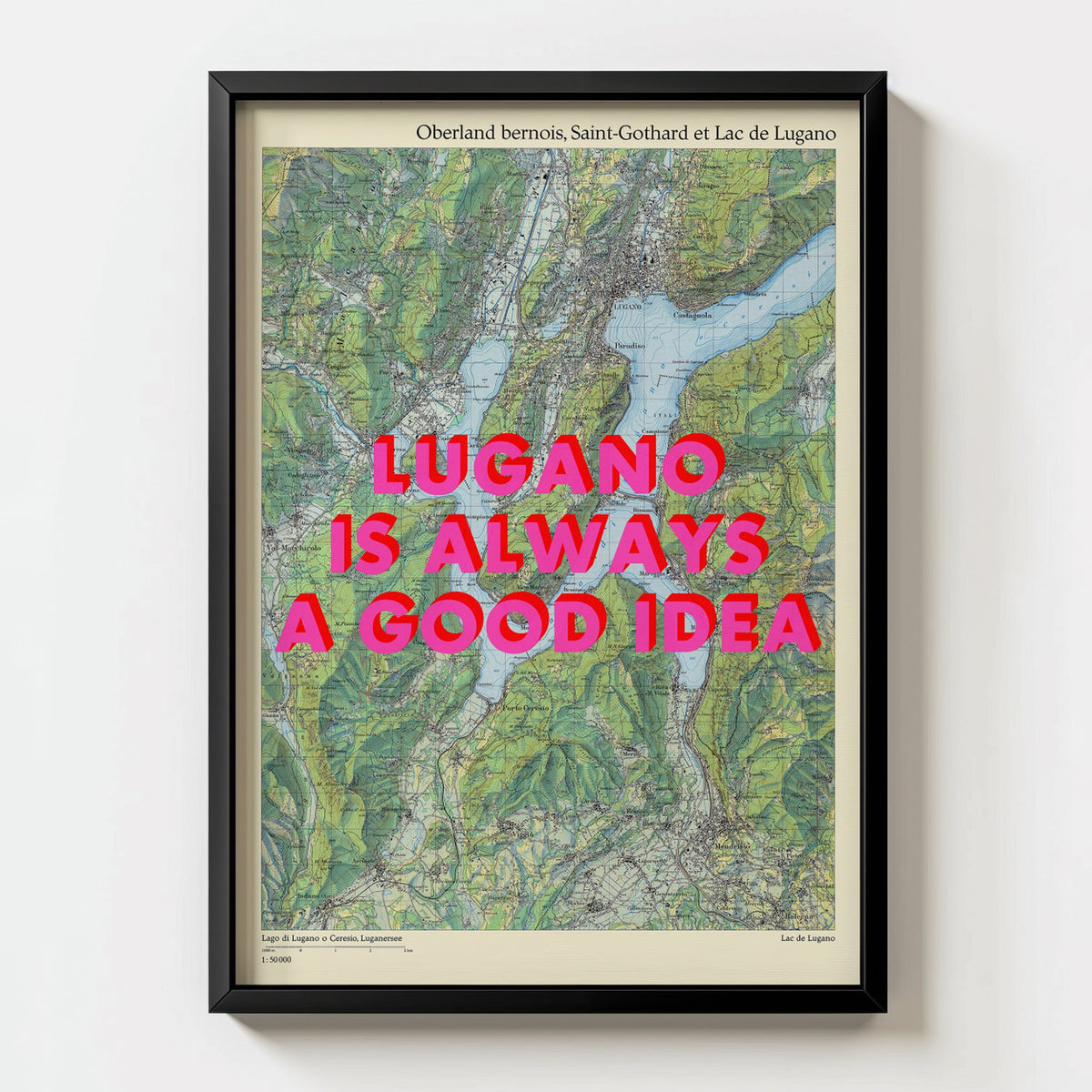 Lugano Retro Pop Art Map Print (portrait) - black frame mockup - Magic Posters